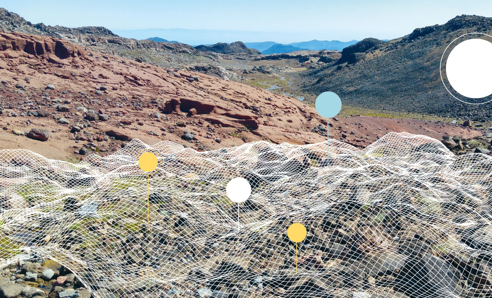 Trockene Steinlandschaft in Chile mit weißem Netz überlagert