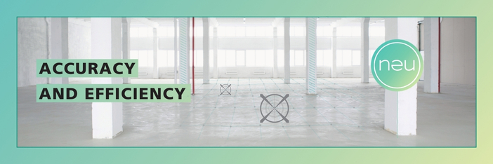 A well-lit elevated warehouse. The ground is covered with a graphic surveying network. Accuracy and efficiency are highlighted on the left and the Neuland logo is shown on the right. (Image: IPGGutenbergUKLtd / iStock.com)