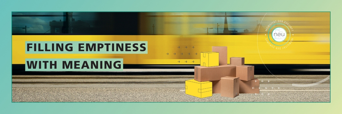 A yellow train races past in the background, making its contours disappear. In front of it are packages and parcels stacked in a pile, two of which have been recolored with a yellow color on the computer. Highlighted on the left-hand side is the words - Fill emptiness with meaning. The Neuland logo is shown in the center. (Image: wong nerimo, malerapaso / iStock.com)