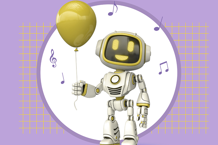 Symbolbild eines kindlichen Roboters mit fröhlichem Gesicht und einem Luftballon in der Hand.