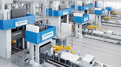 Virtuelle Darstellung einer großindustriellen Anlage zur Herstellung von Tailored LFT-D-Bauteilen, vier Pressenlinien sind parallel aufgestellt.