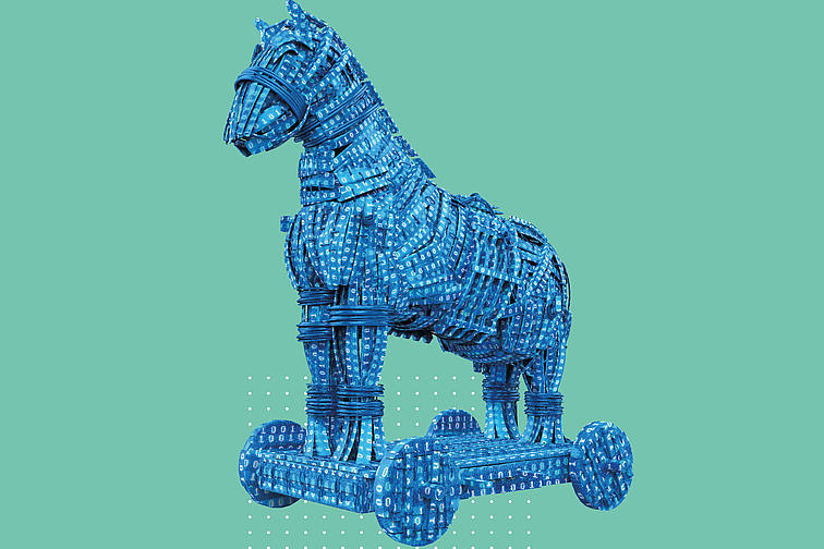 Grafik eines blauen Pferds auf Rollen